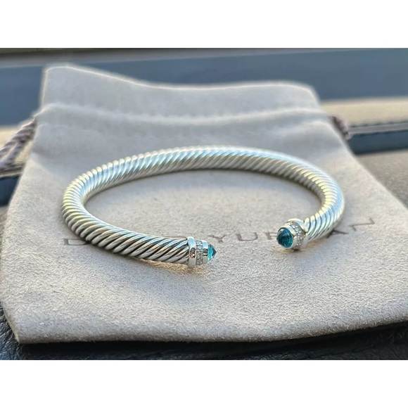 David Yurman 5mm Cable Classic Bracelet & 925 Silver Blue Topaz & Diamonds Sz M
